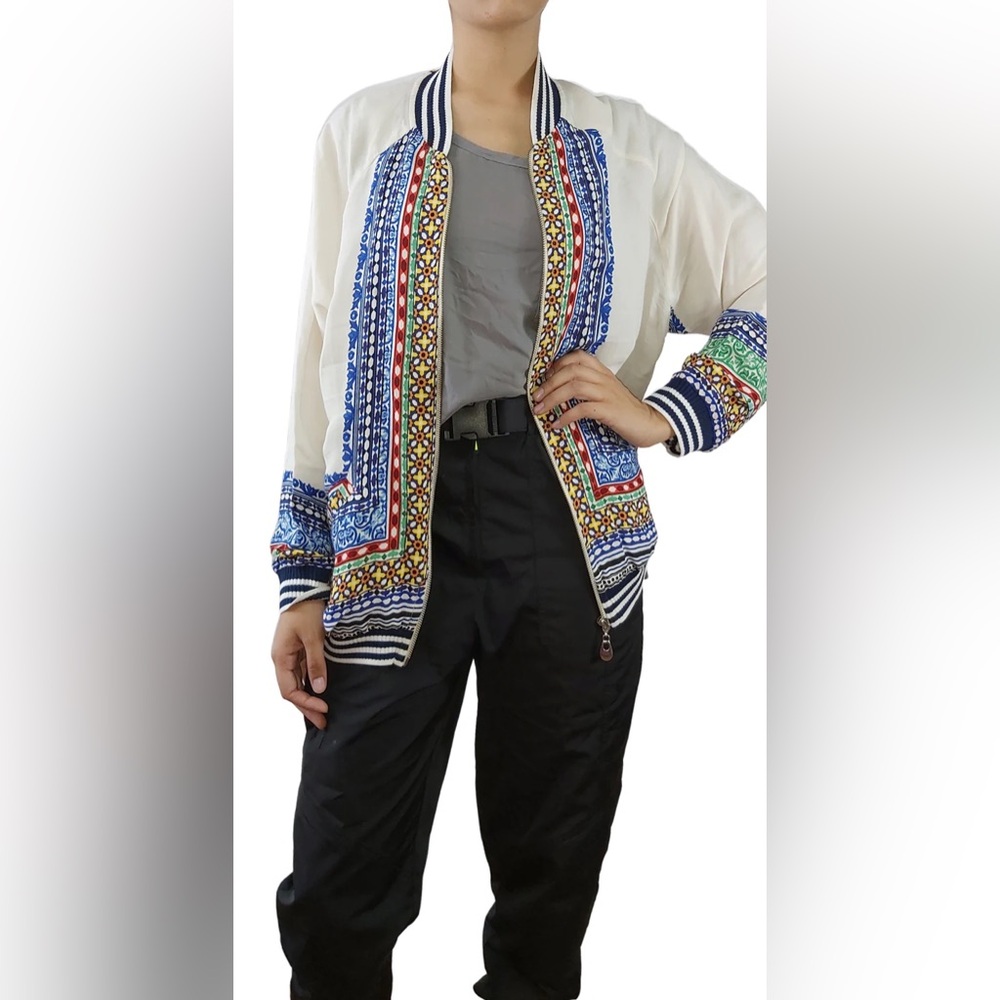 FARM Rio White Bomber Jacket with Blue, Red, Green and Yellow Print